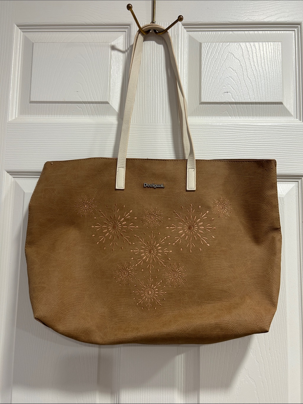 Desigual Tan Tote With White Handles And Embroidered Burst Motif